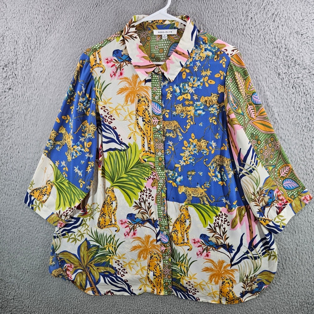 Rose + Olive Womens 1X Tropical Leopard Patchwork Button Up Shirt Blue Green